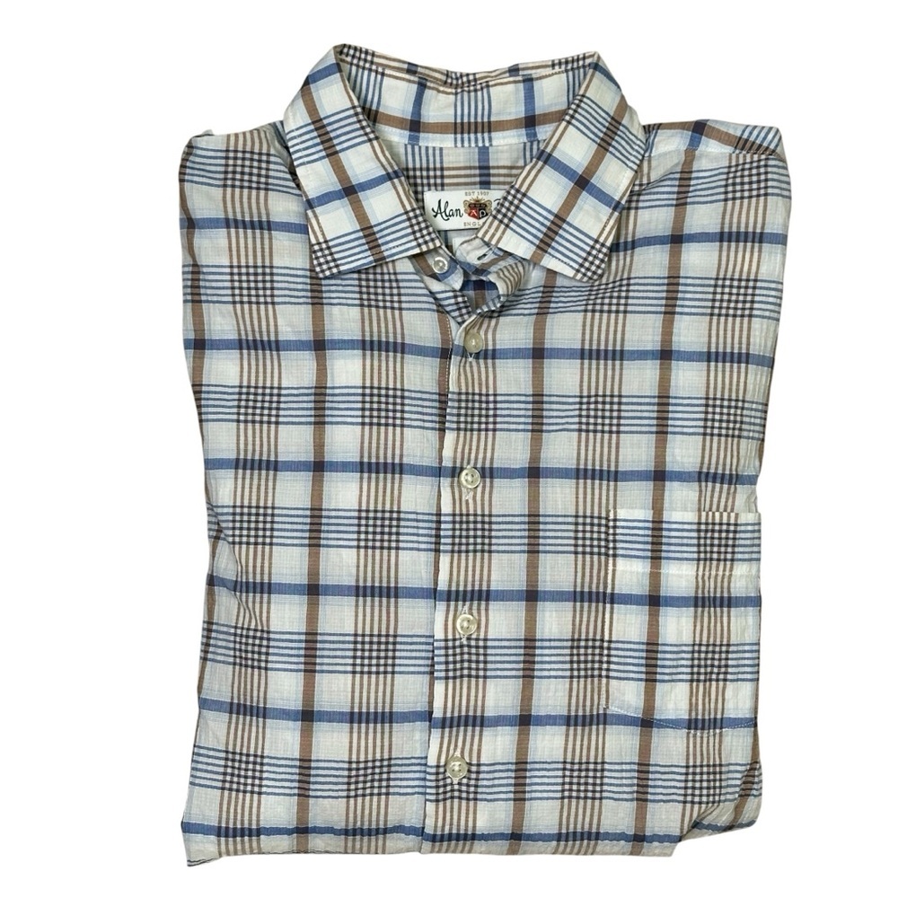 Alan Paine Men’s M Updated Fit Linen Tan Blue Plaid Long Sleeve Dress Shirt